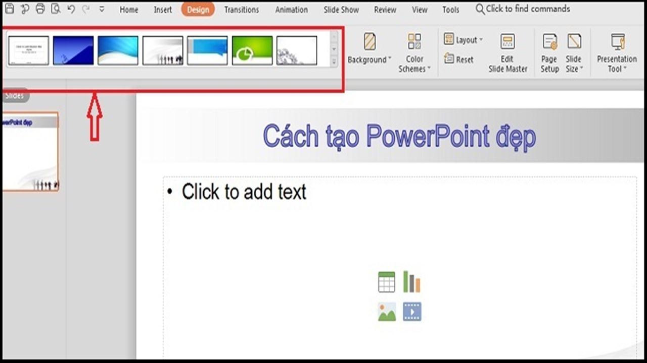 Bạn có thể thêm các mẫu background sẵn có trong powerpoint một cách dễ dàng. 
