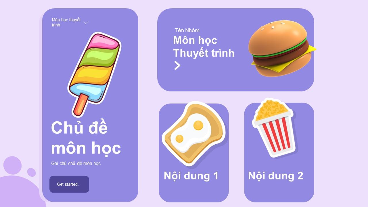 Mẫu slide powerpoint sử dụng tone màu tím pastel đẹp mắt cùng nhiều đồ họa về đồ ăn.