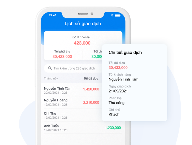 Theo dõi lịch sử giao dịch và nợ nần trực quan trên ứng dụng